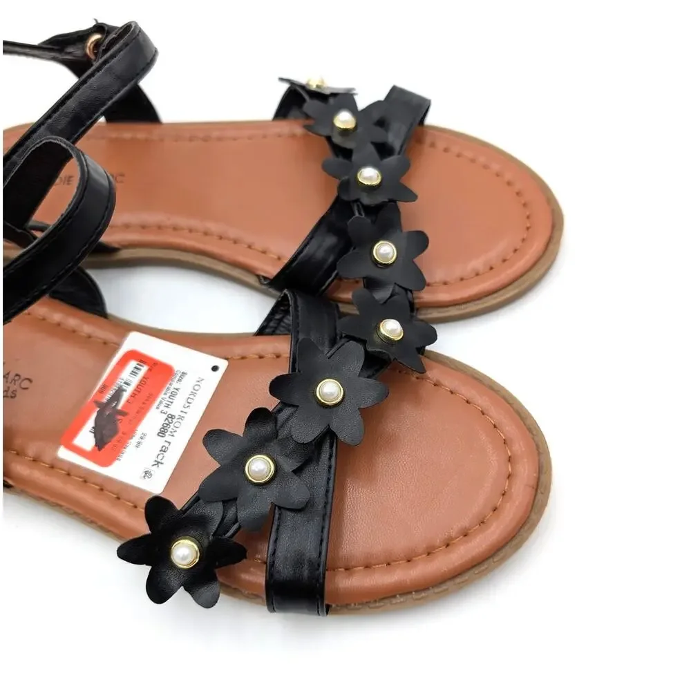 Eddie Marc Flower Strap Sandals Open Round Toe Girls' Black Size US3